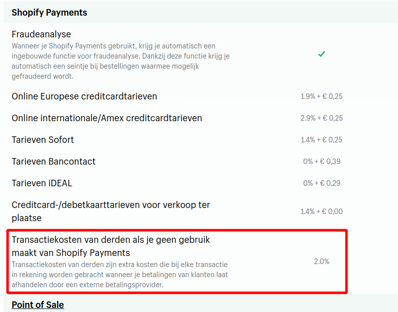 Screenshot van de prijzen-pagina van Shopfy, waarop de voorwaarden voor transactiekosten die niet via Shopify Payments lopen, zijn gemarkeerd