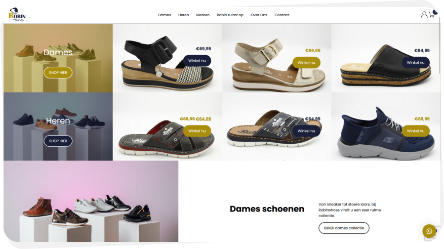 Startpagina van een webshop voor schoenen, met een etalage functie